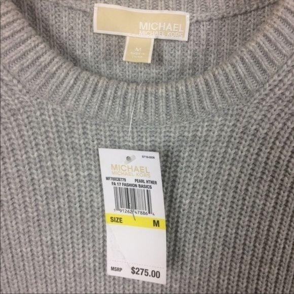 Michael Kors | Grey Lambs Wool Knit Long Ruffle Sleeve Sweater Midi Dress - Picture 6 of 8